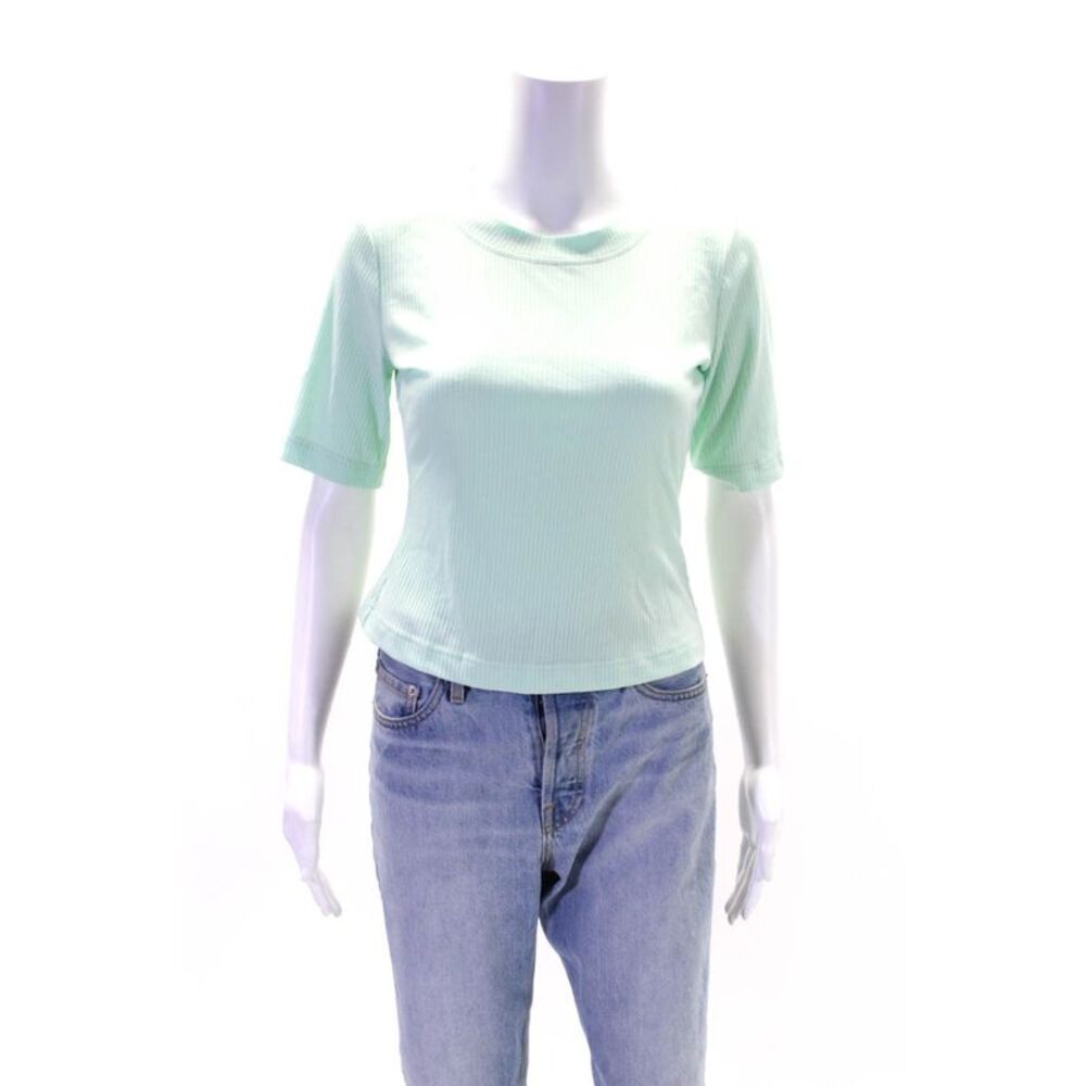 LDT Womens Round Neck Ribbed Short Sleeve Pullover Casual Top Green Size 4